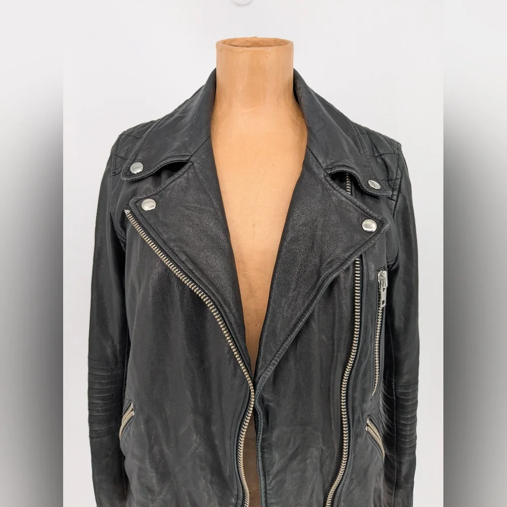 Black Genuine Lambskin Leather Moto Jacket Womens XS Double Zip Slim Biker Chic - Picture 7 of 15